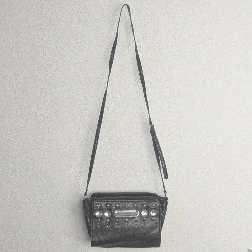 Kathy Van Zeeland Black Pebbled Crossbody Bag Studded Crystal Accents Y2K